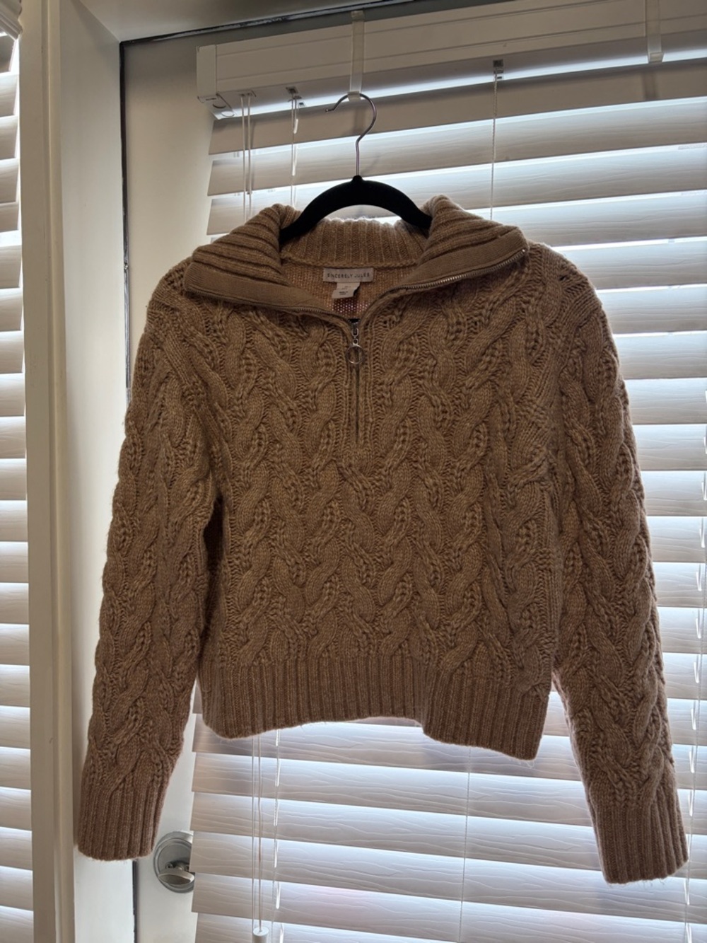 Sincerely Jules Cable-Knit Half Zip Sweater in Tan